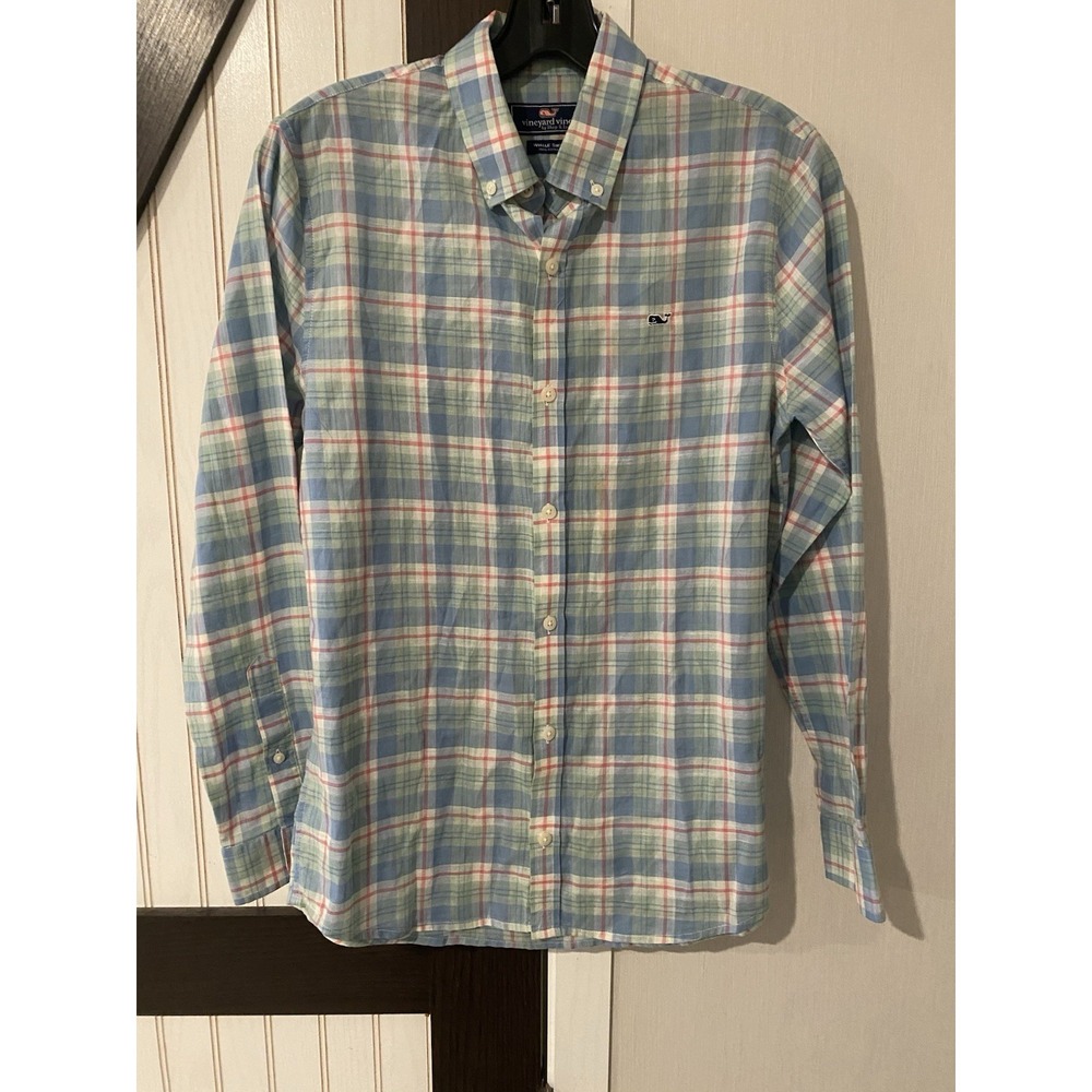 Vineyard Vines Boys Whale Shirt Blue Plaid Long Sleeve Button Down Large 16
